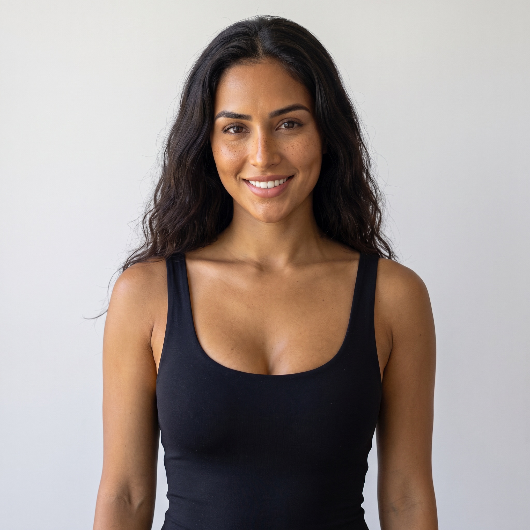 Lua Valente, an AI-generated character, smiling in a black workout top.